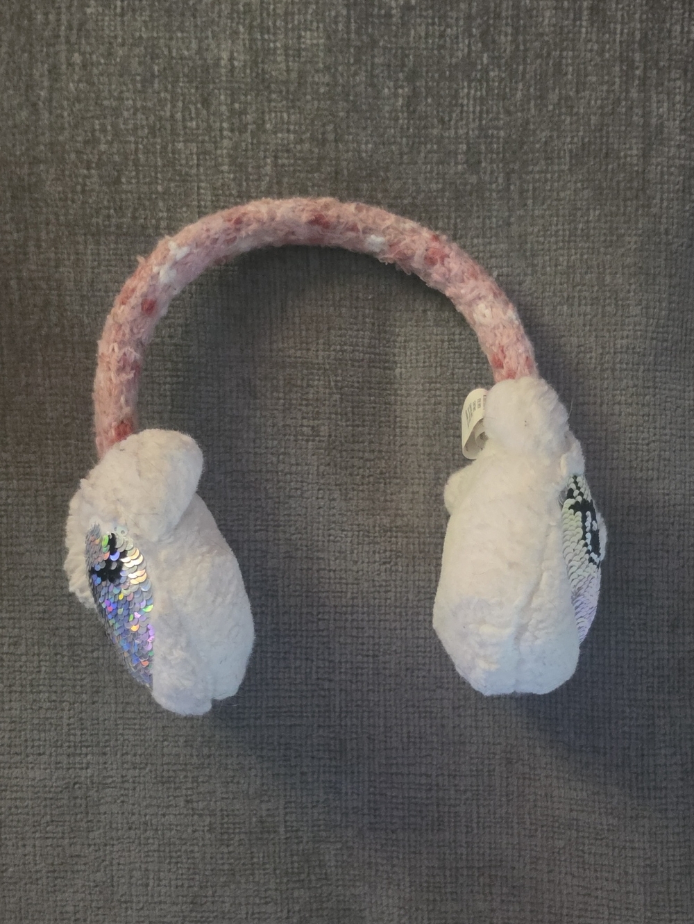 Kids Pink and White Plush Ear Muffs with Sequin Detail